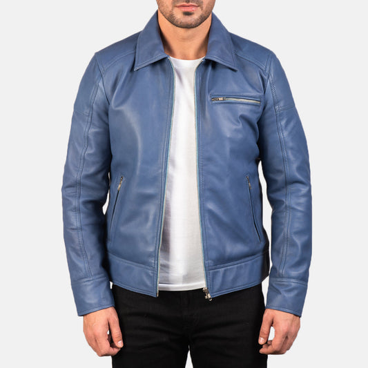 Lavendard Blue Leather Biker Jacket - men's jacket in blue sheepskin leather, view 1