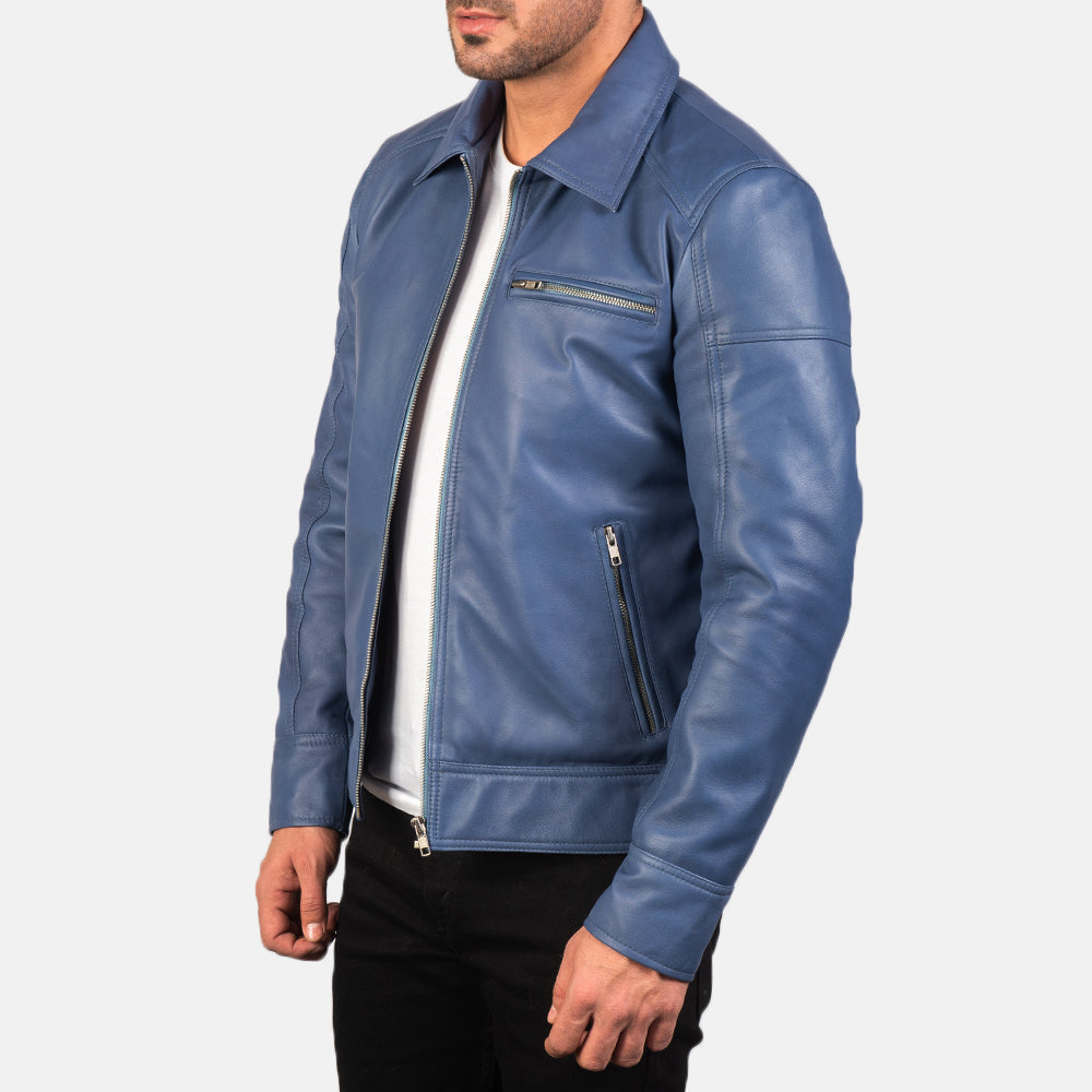 Lavendard Blue Leather Biker Jacket - men's jacket in blue sheepskin leather, view 2
