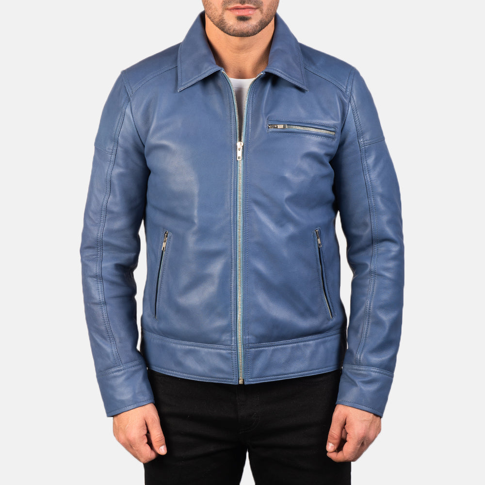 Lavendard Blue Leather Biker Jacket - men's jacket in blue sheepskin leather, view 3