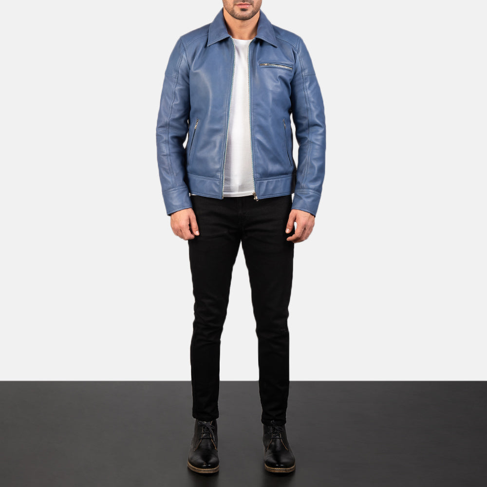 Lavendard Blue Leather Biker Jacket - men's jacket in blue sheepskin leather, view 4