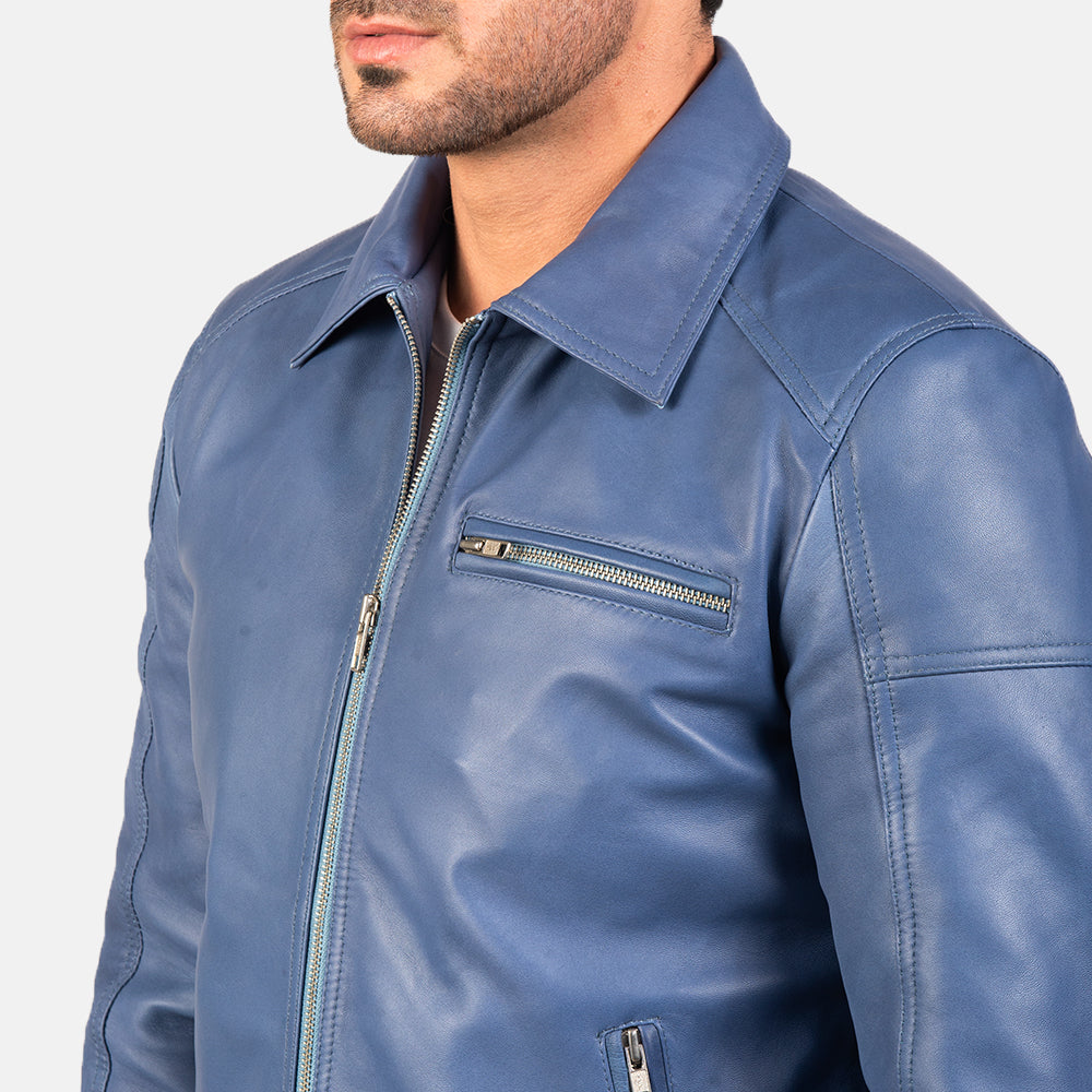 Lavendard Blue Leather Biker Jacket - men's jacket in blue sheepskin leather, view 5