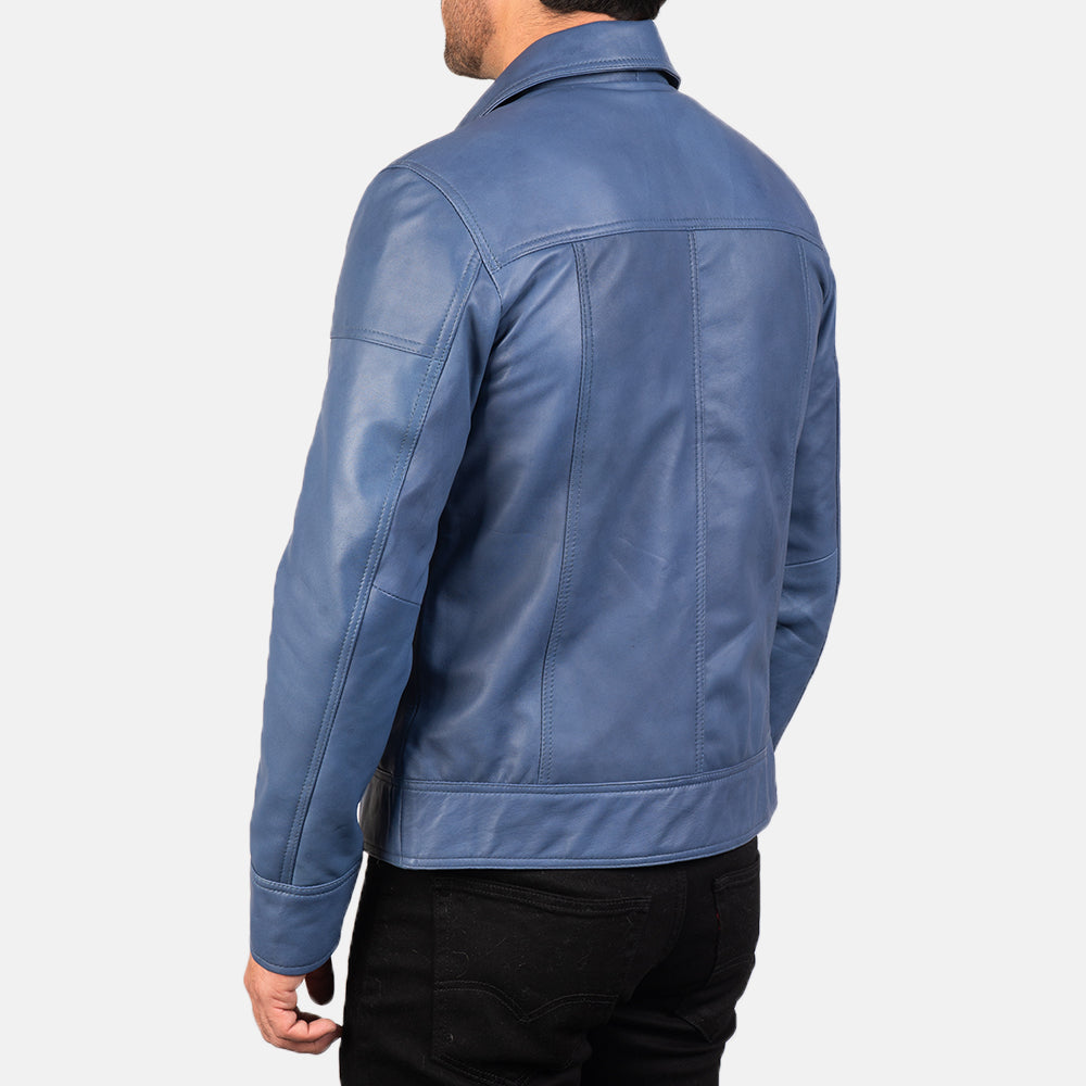 Lavendard Blue Leather Biker Jacket - men's jacket in blue sheepskin leather, view 6