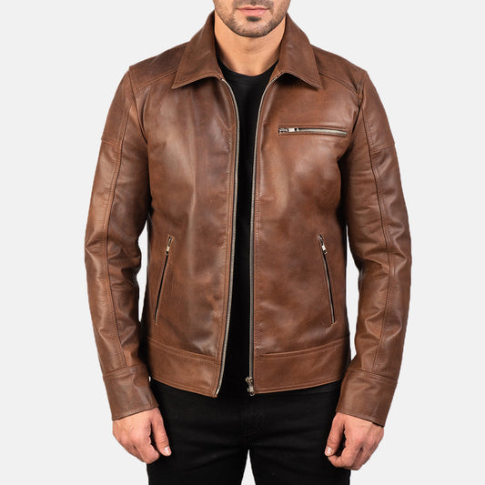 Lavendard Brown Leather Biker Jacket - men's jacket in brown cowhide leather, view 1