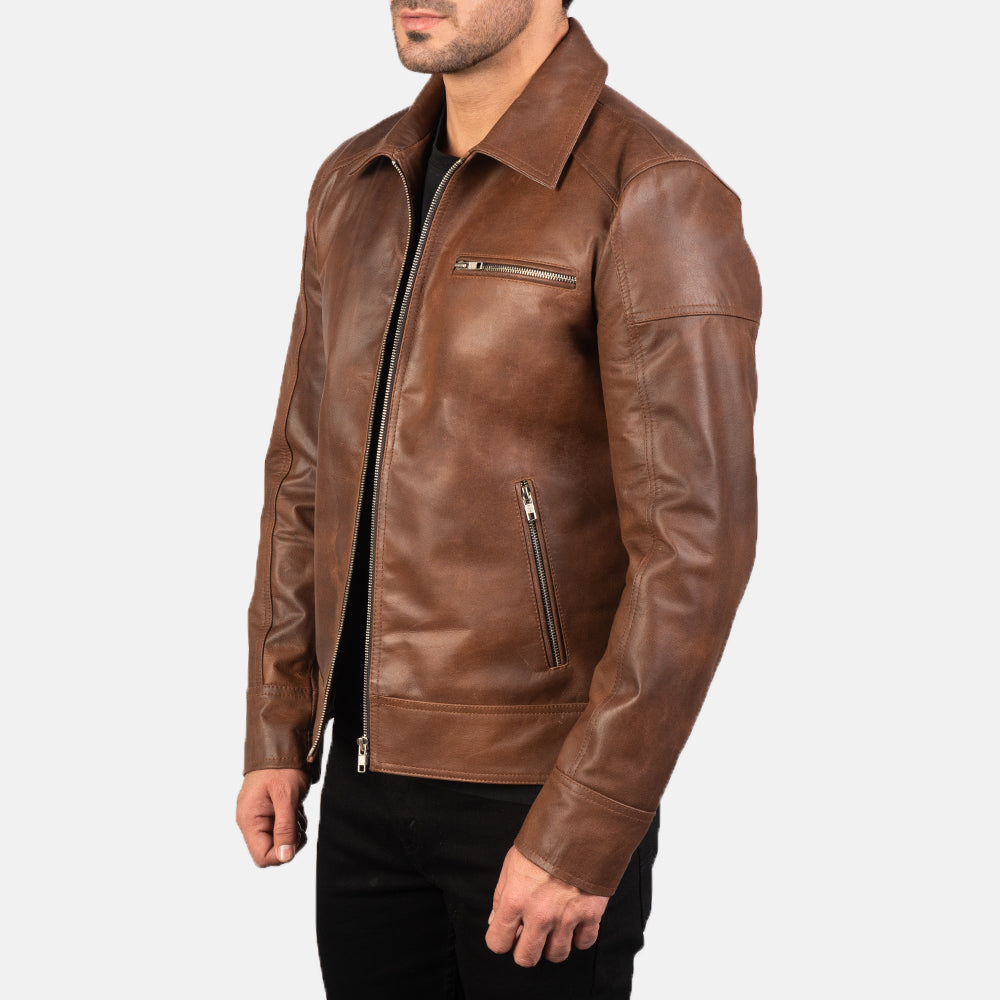 Lavendard Brown Leather Biker Jacket - men's jacket in brown cowhide leather, view 2