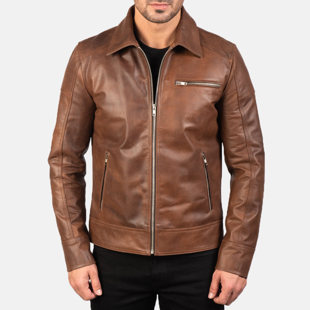 Lavendard Brown Leather Biker Jacket - men's jacket in brown cowhide leather, view 3