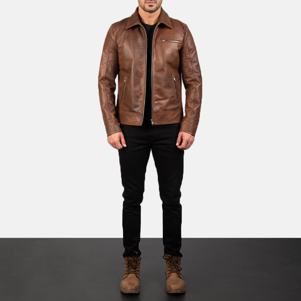 Lavendard Brown Leather Biker Jacket - men's jacket in brown cowhide leather, view 4