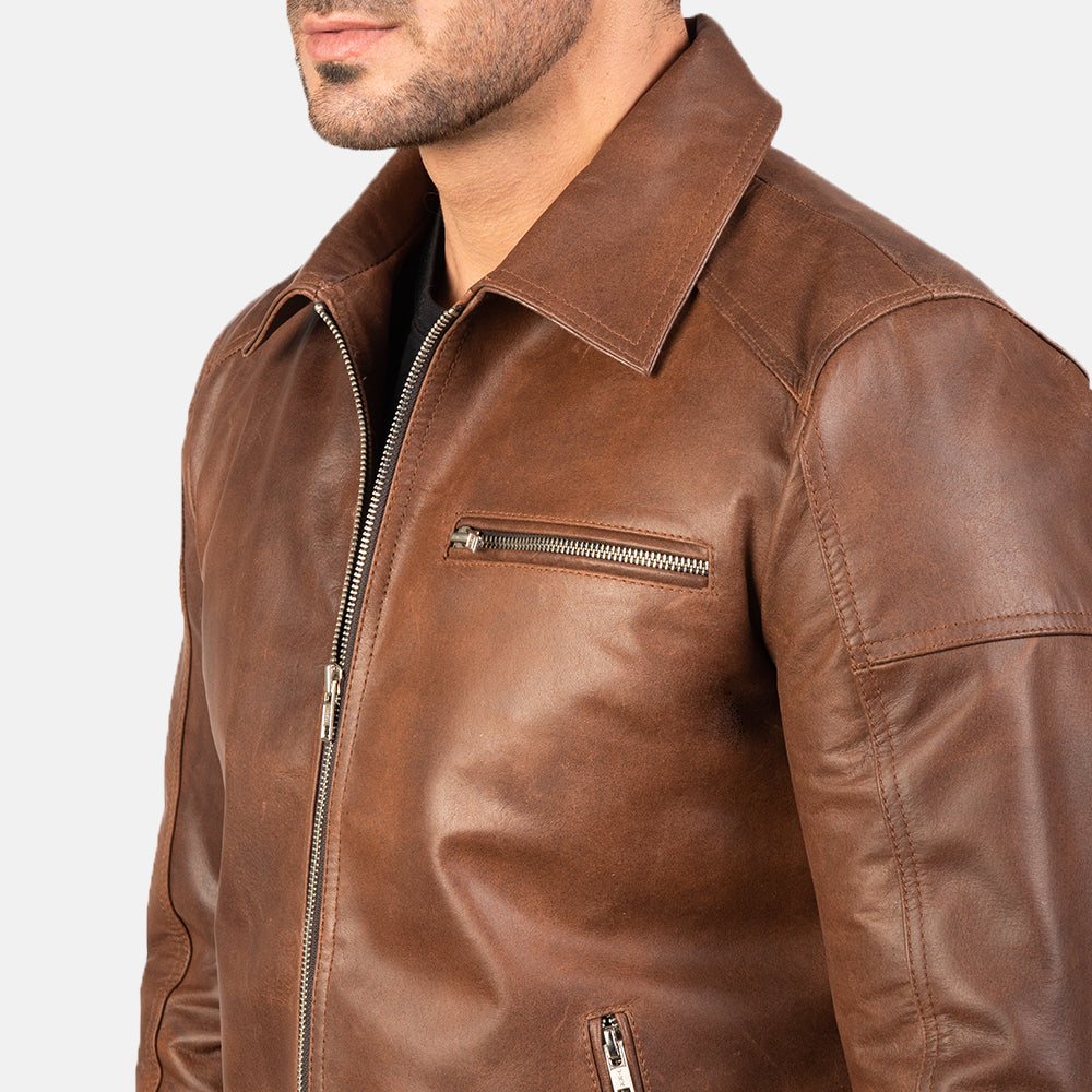 Lavendard Brown Leather Biker Jacket - men's jacket in brown cowhide leather, view 5