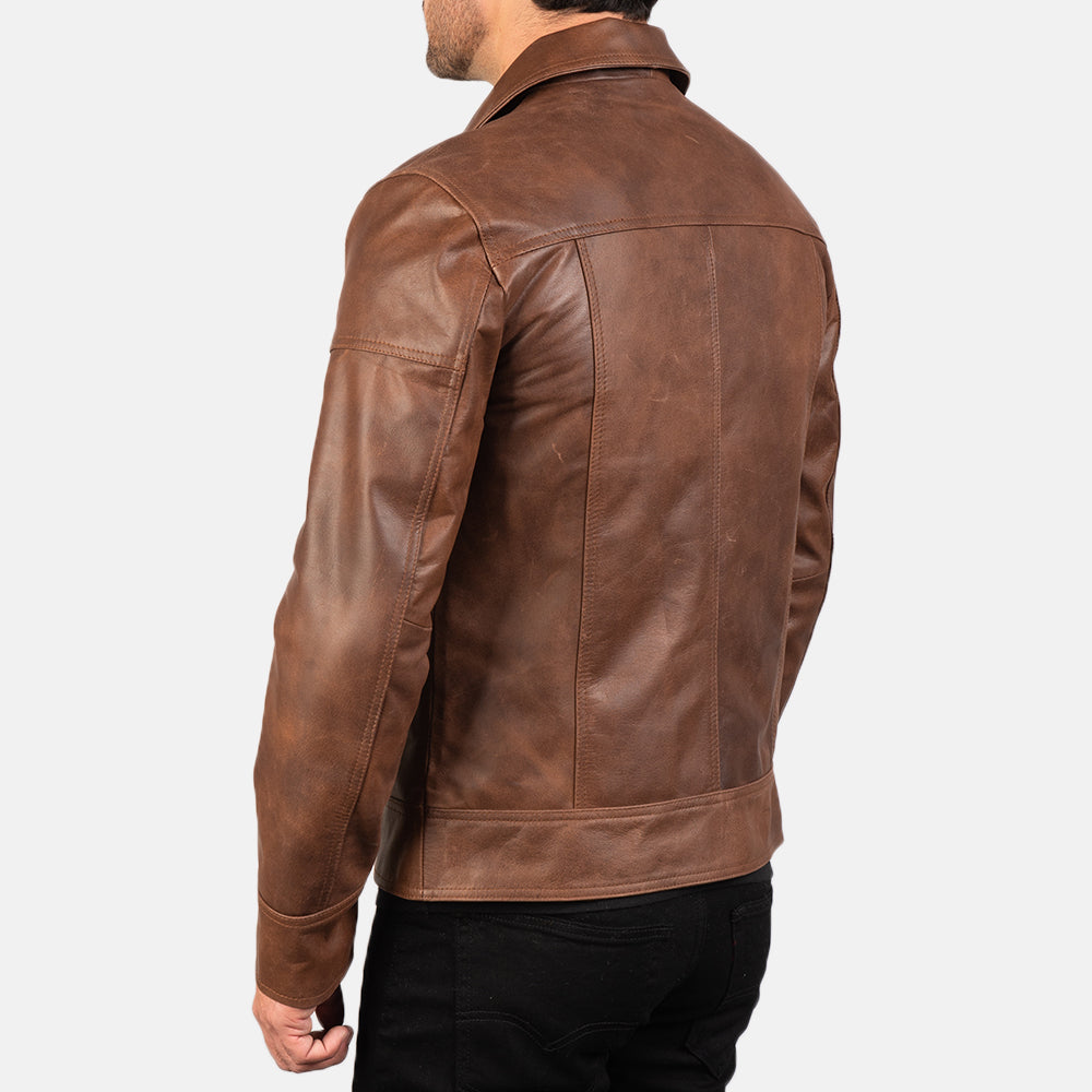 Lavendard Brown Leather Biker Jacket - men's jacket in brown cowhide leather, view 6