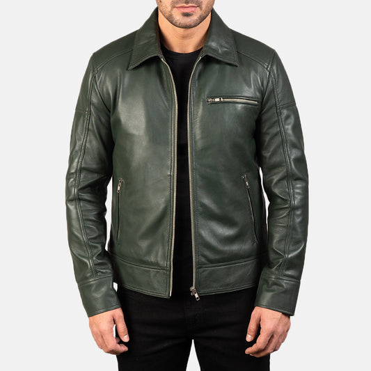 Lavendard Green Leather Biker Jacket - men's jacket in green sheepskin leather, view 1
