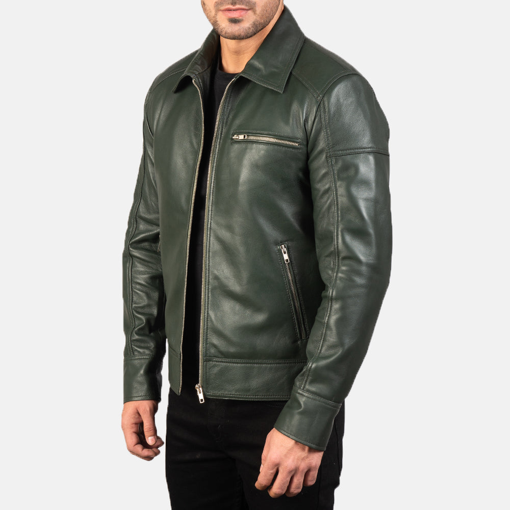 Lavendard Green Leather Biker Jacket - men's jacket in green sheepskin leather, view 2