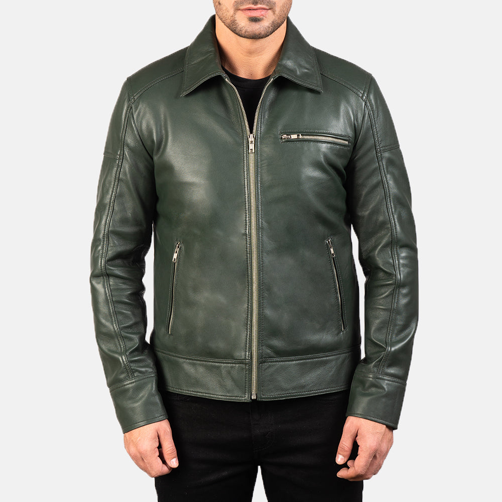 Lavendard Green Leather Biker Jacket - men's jacket in green sheepskin leather, view 3