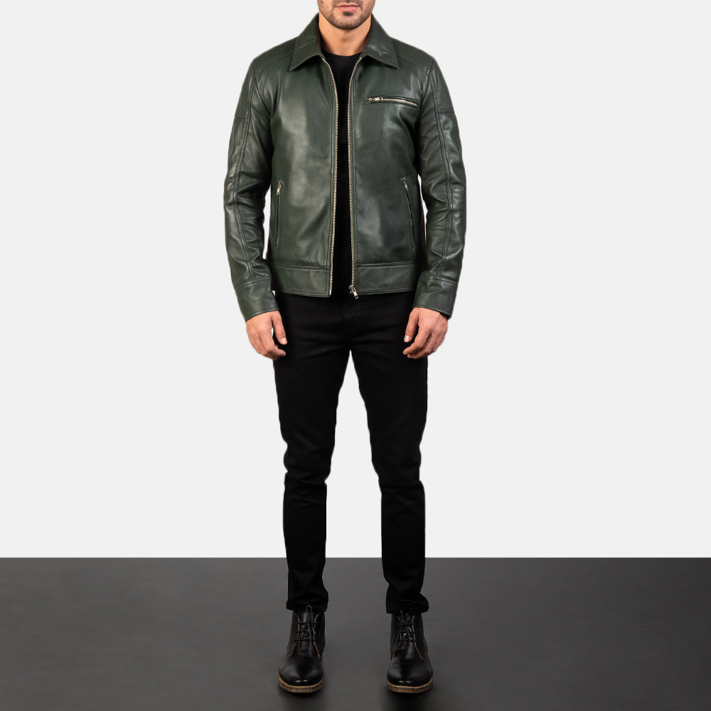 Lavendard Green Leather Biker Jacket - men's jacket in green sheepskin leather, view 4