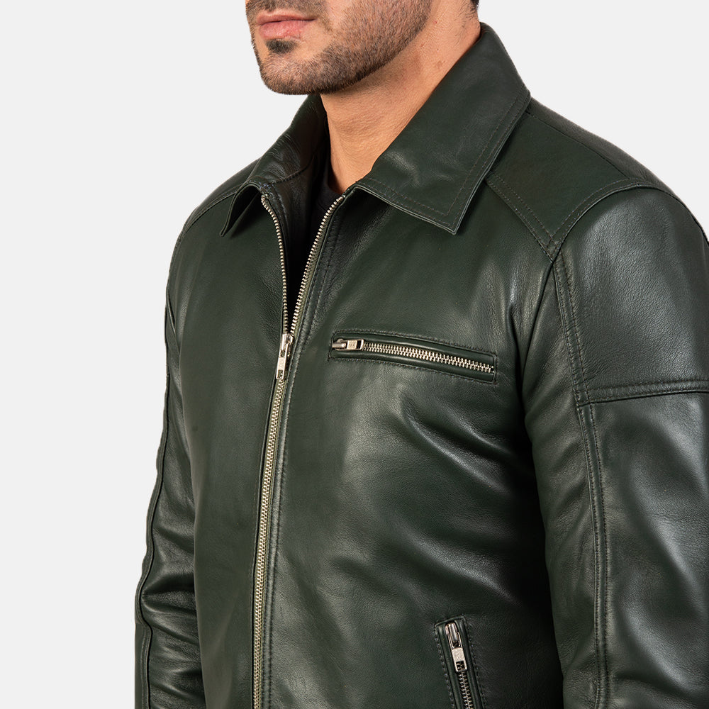 Lavendard Green Leather Biker Jacket - men's jacket in green sheepskin leather, view 5