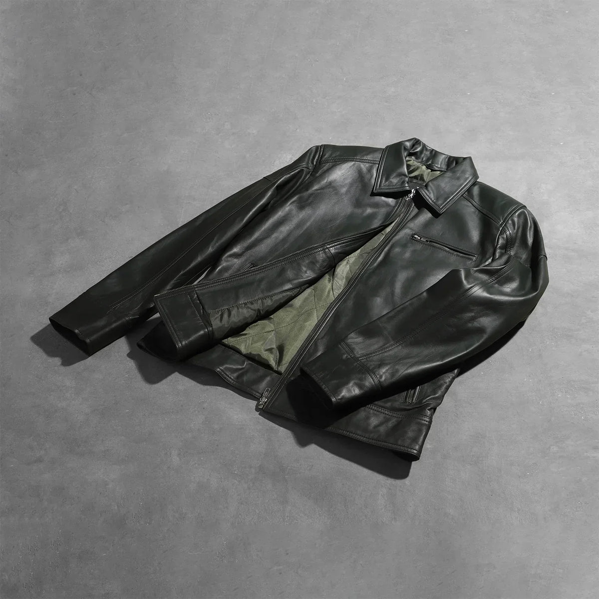 Lavendard Green Leather Biker Jacket - men's jacket in green sheepskin leather, view 7