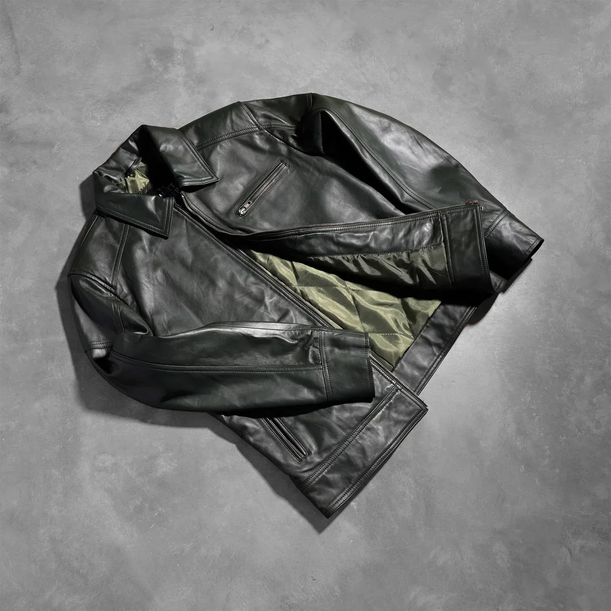 Lavendard Green Leather Biker Jacket - men's jacket in green sheepskin leather, view 8