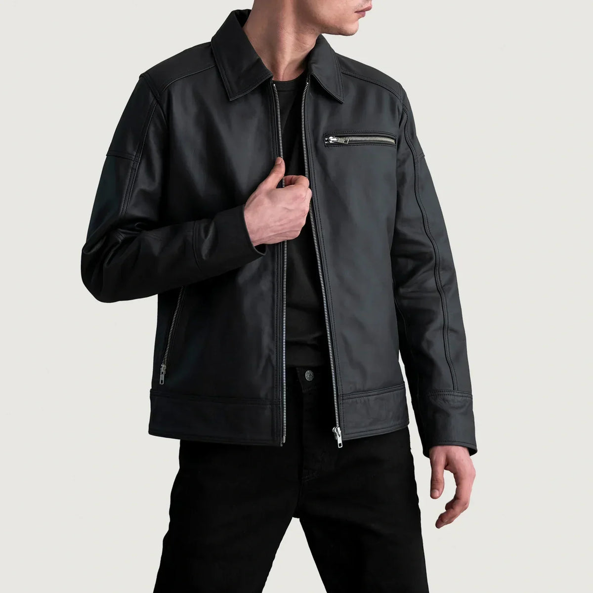 Lavendard Matte Black Leather Biker Jacket - men's jacket in black premium leather, view 1