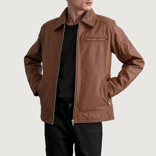 Lavendard Matte Brown Leather Biker Jacket - men's jacket in brown premium leather, view 1