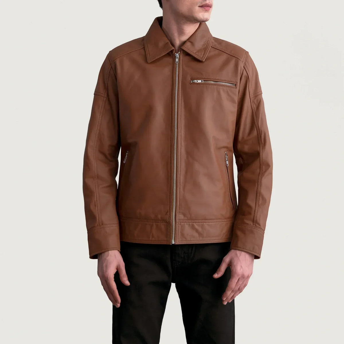 Lavendard Matte Brown Leather Biker Jacket - men's jacket in brown premium leather, view 3