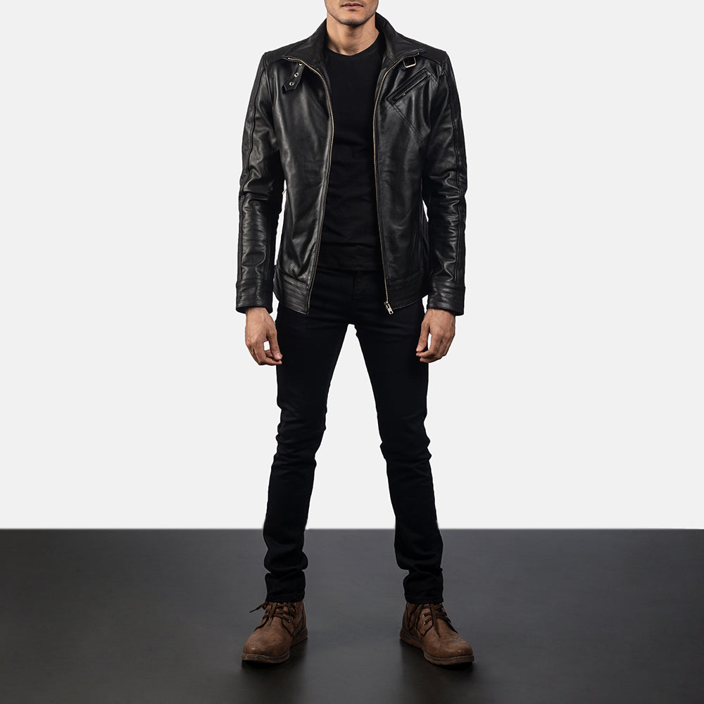 Legacy Black Leather Biker Jacket - men's jacket in black cowhide leather, view 3