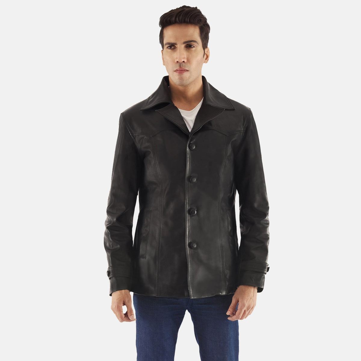 Leo Black Leather Coat - men's coat in black cowhide leather, view 1
