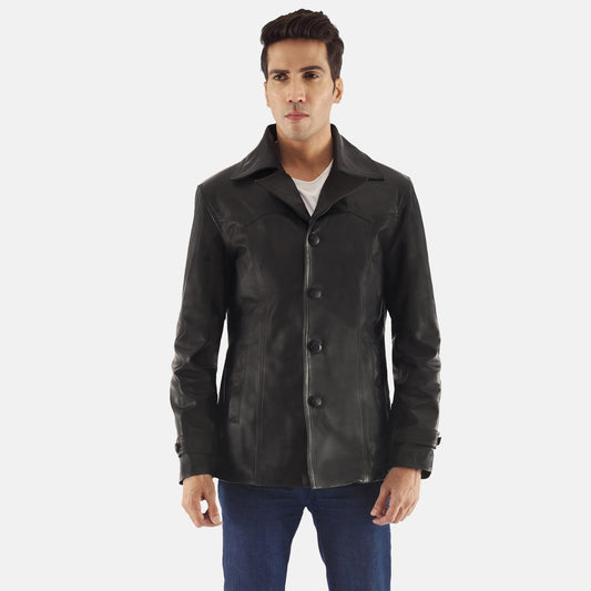Leo Black Leather Coat - men's coat in black cowhide leather, view 1