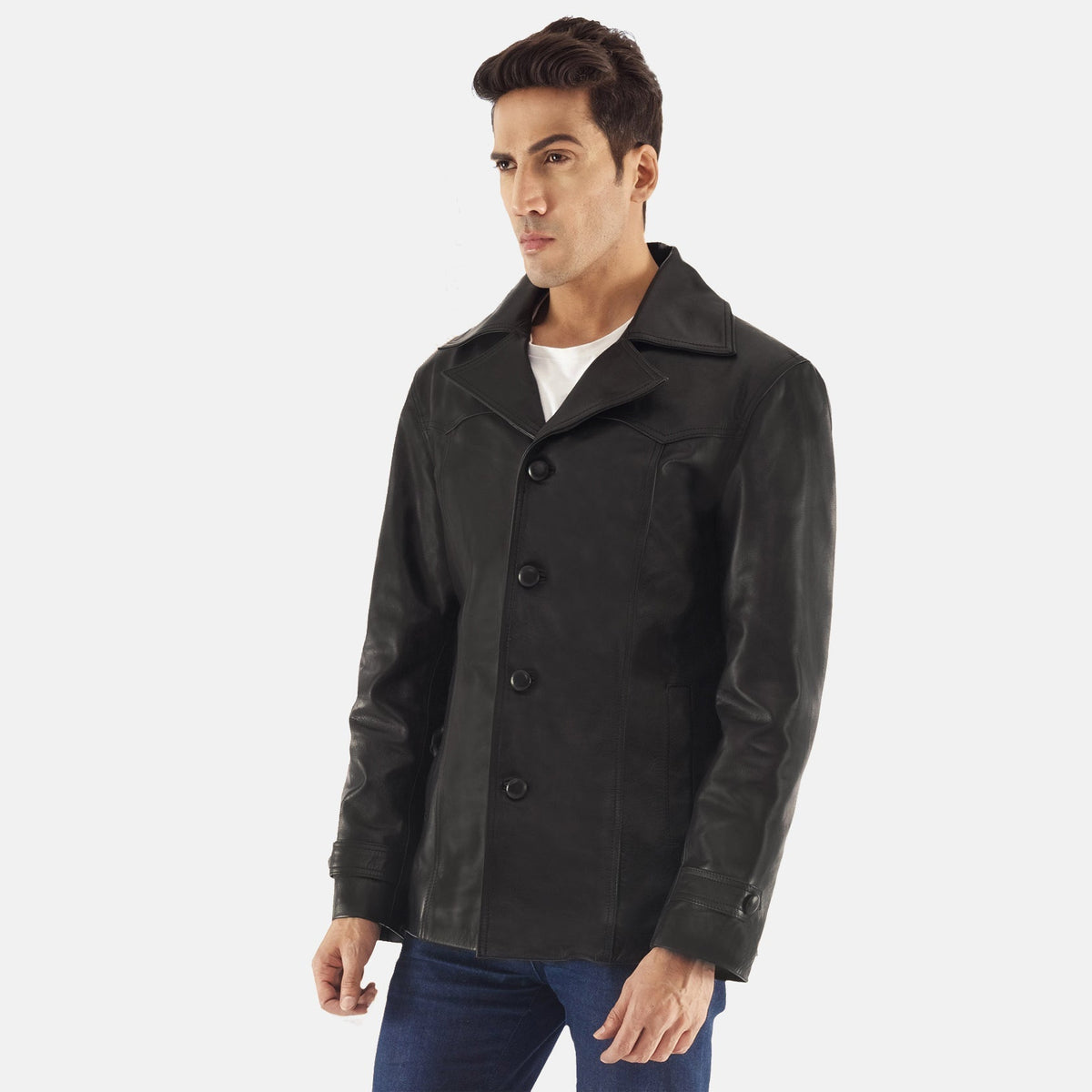 Leo Black Leather Coat - men's coat in black cowhide leather, view 2