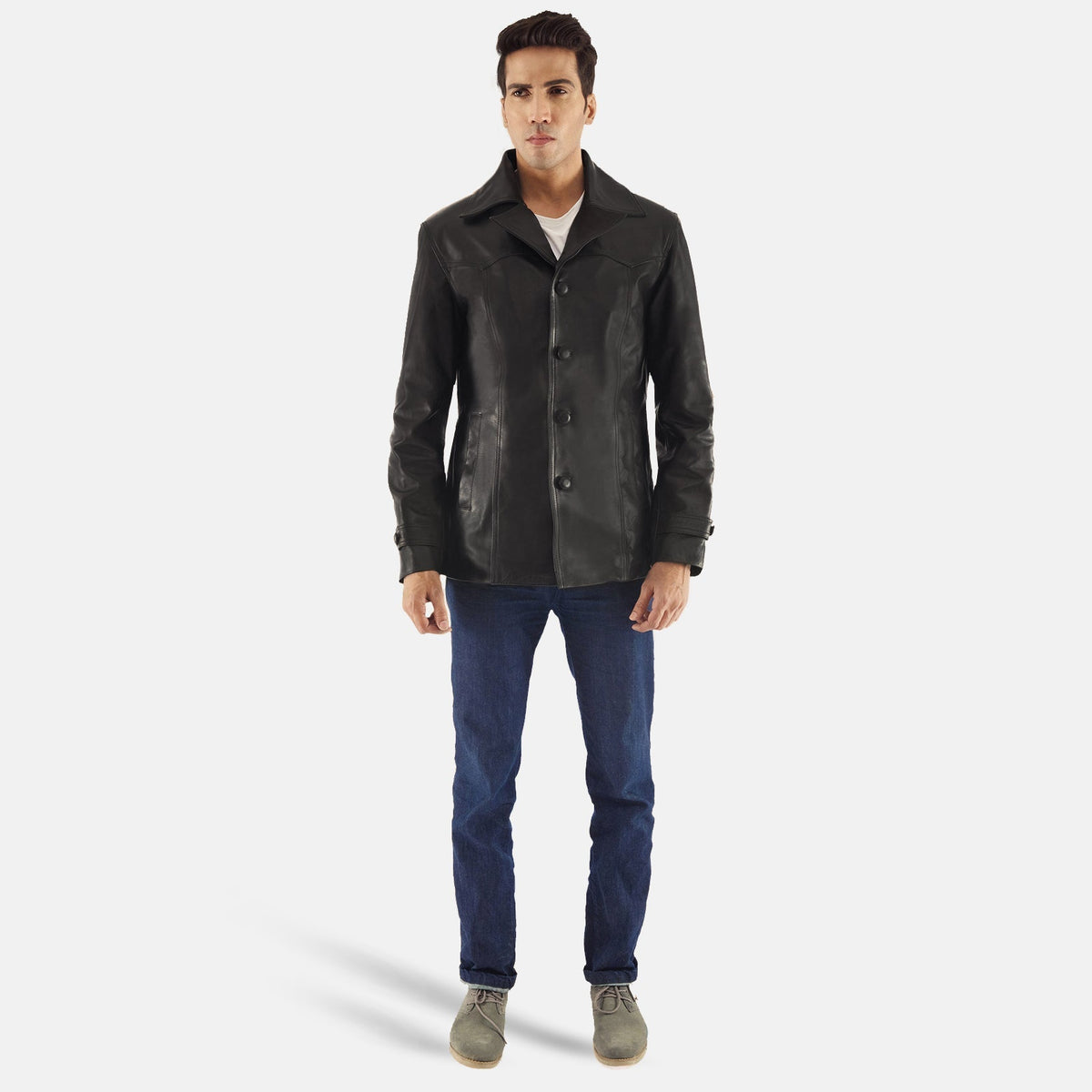Leo Black Leather Coat - men's coat in black cowhide leather, view 3