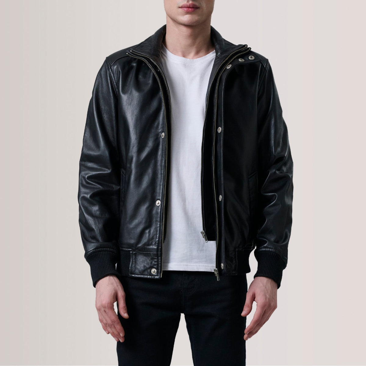 Lester Black Leather Bomber Jacket - men's jacket in black premium leather, view 1