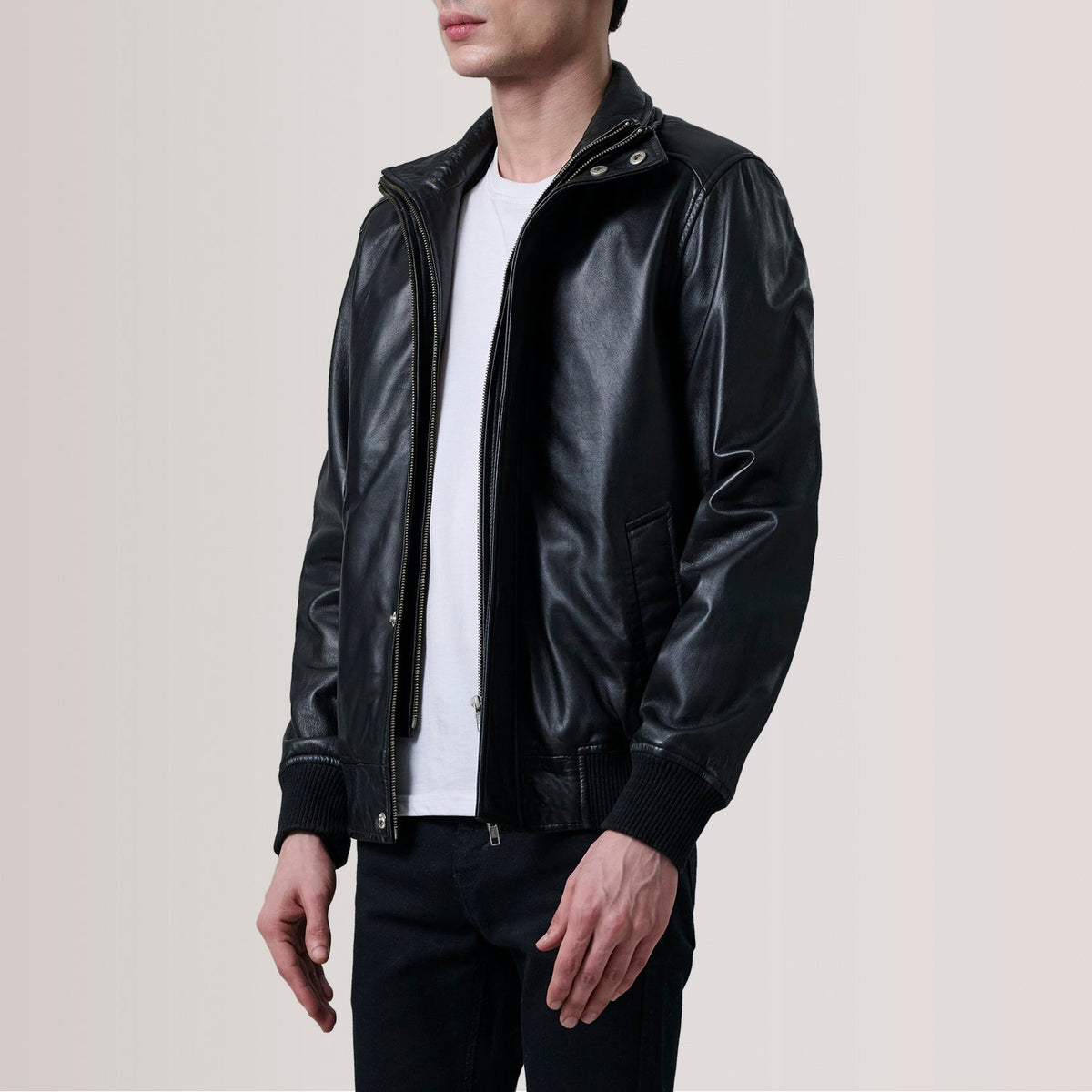Lester Black Leather Bomber Jacket - men's jacket in black premium leather, view 3