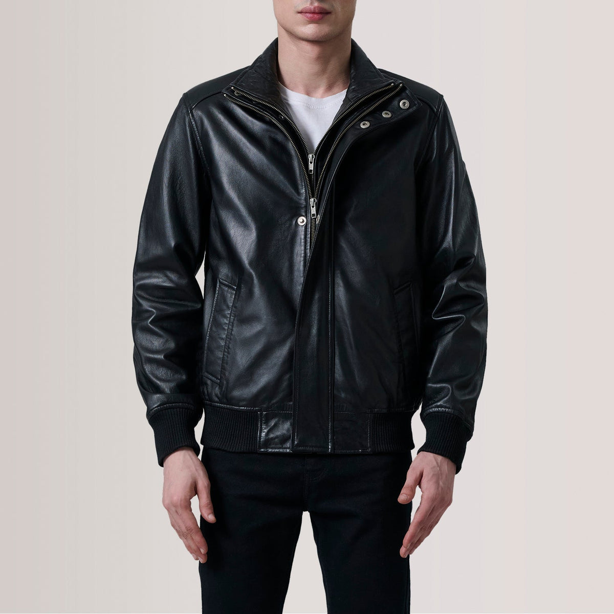 Lester Black Leather Bomber Jacket - men's jacket in black premium leather, view 5