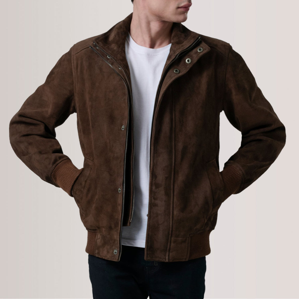 Lester Brown Suede Bomber Jacket - men's jacket in brown suede leather, view 1