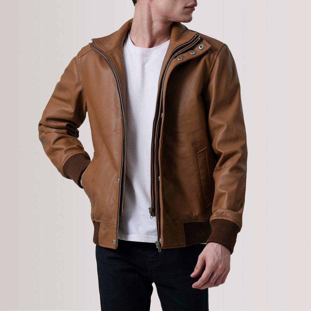 Lester Tan Leather Bomber Jacket - men's jacket in tan premium leather, view 1