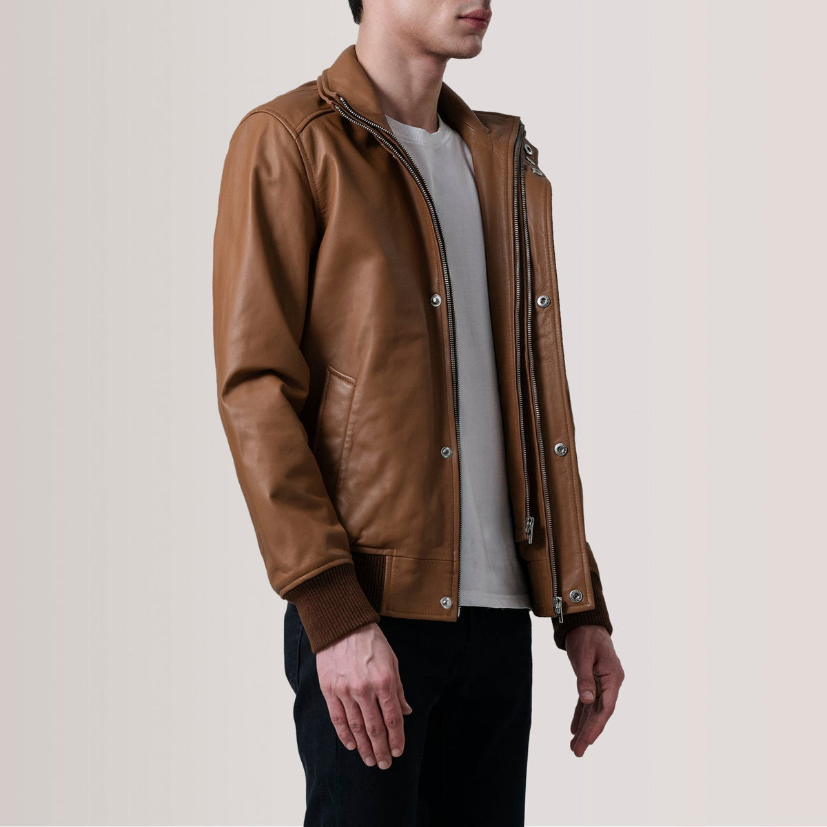 Lester Tan Leather Bomber Jacket - men's jacket in tan premium leather, view 3