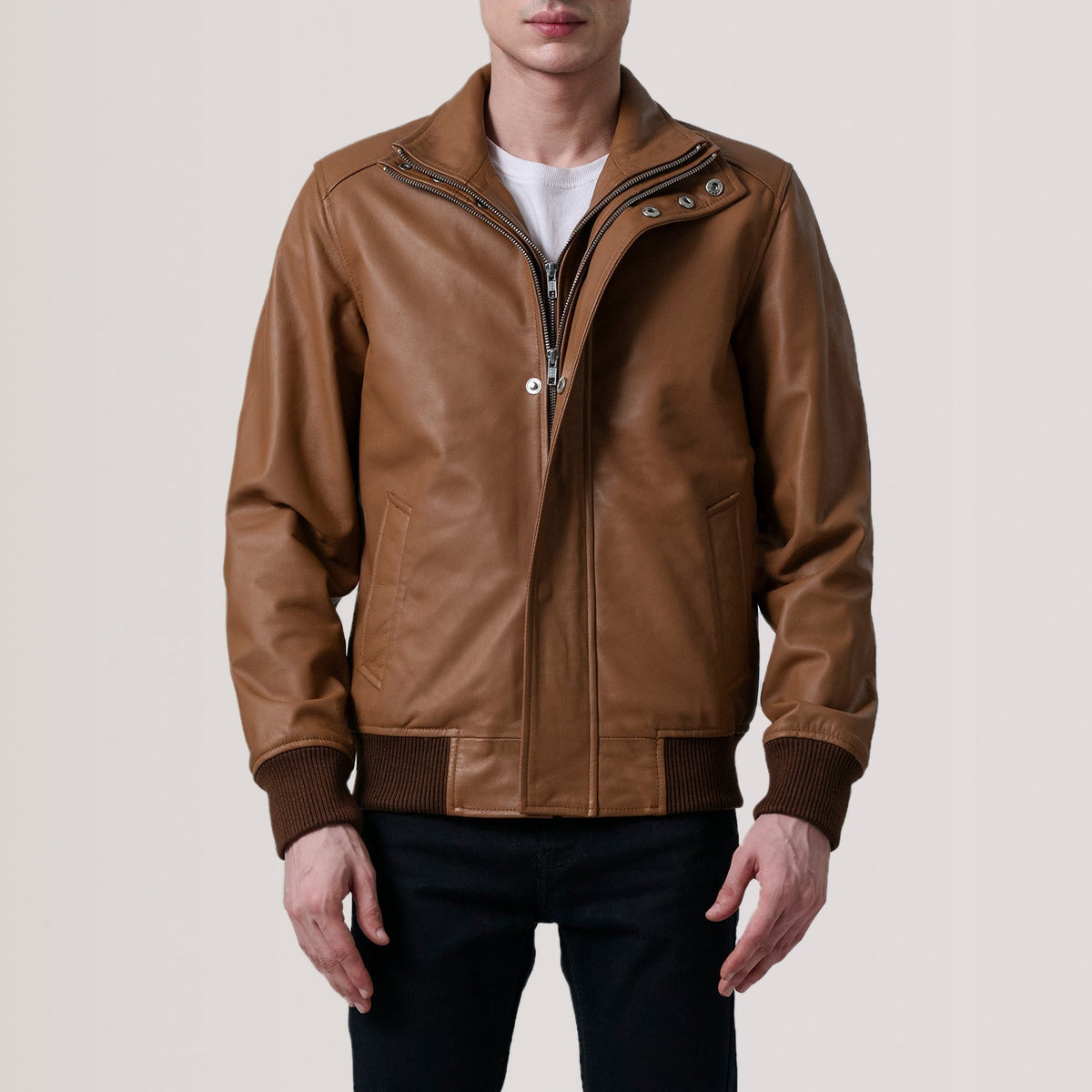 Lester Tan Leather Bomber Jacket - men's jacket in tan premium leather, view 4
