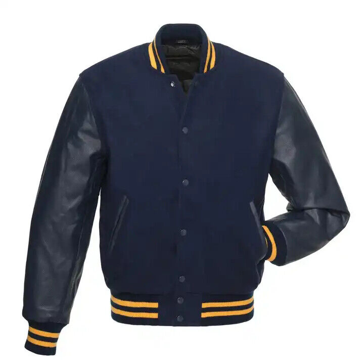 Brex Letterman Baseball Bomber Varsity Jacket Navy Wool Body & Leather Sleeves Jacket - varsity letterman jacket, view 1