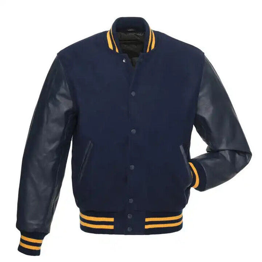 Brex Letterman Baseball Bomber Varsity Jacket Navy Wool Body & Leather Sleeves Jacket - varsity letterman jacket, view 1