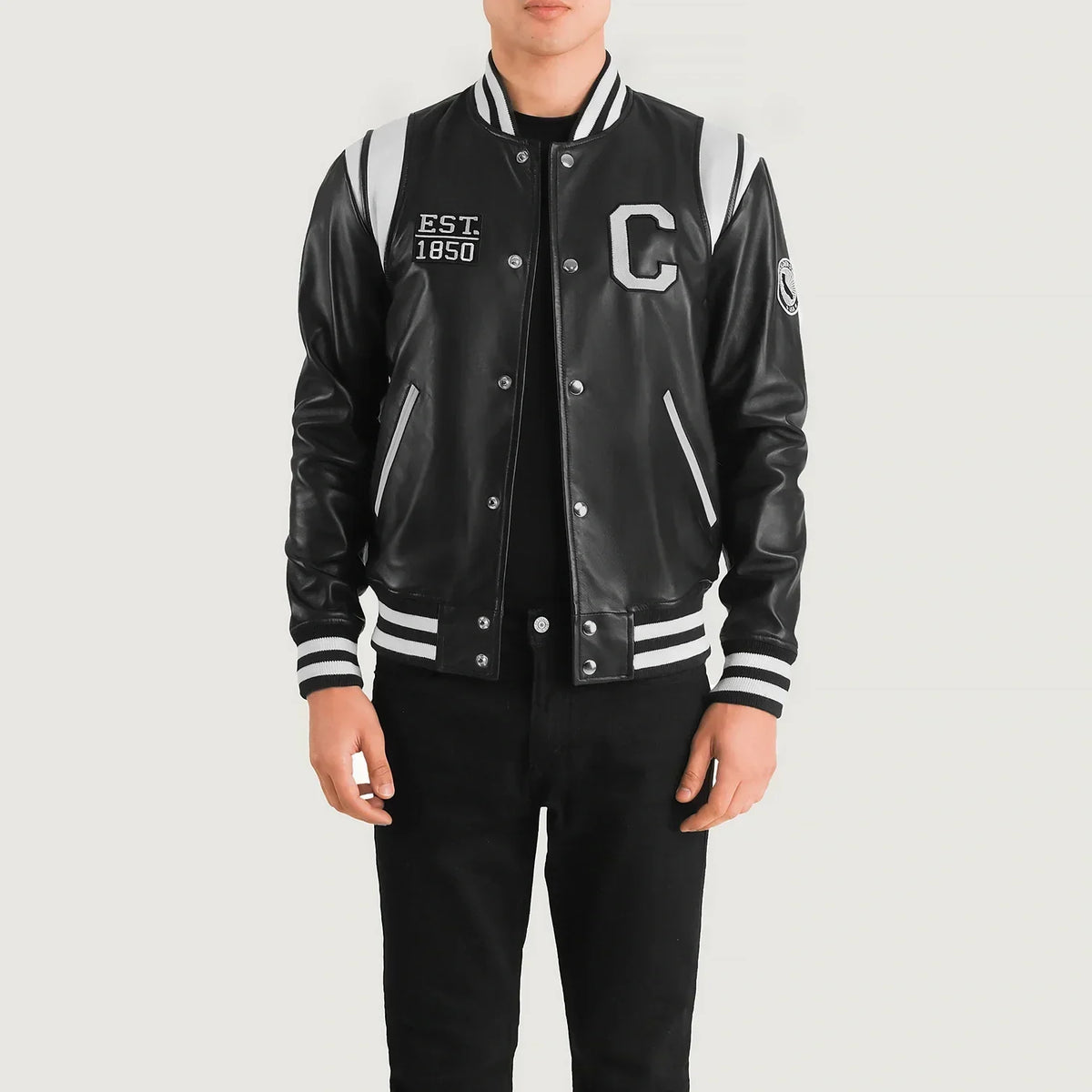 Liberte California Black Leather Varsity Jacket - men's jacket in black sheepskin leather, view 1