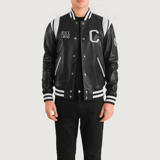 Liberte California Black Leather Varsity Jacket - men's jacket in black sheepskin leather, view 1