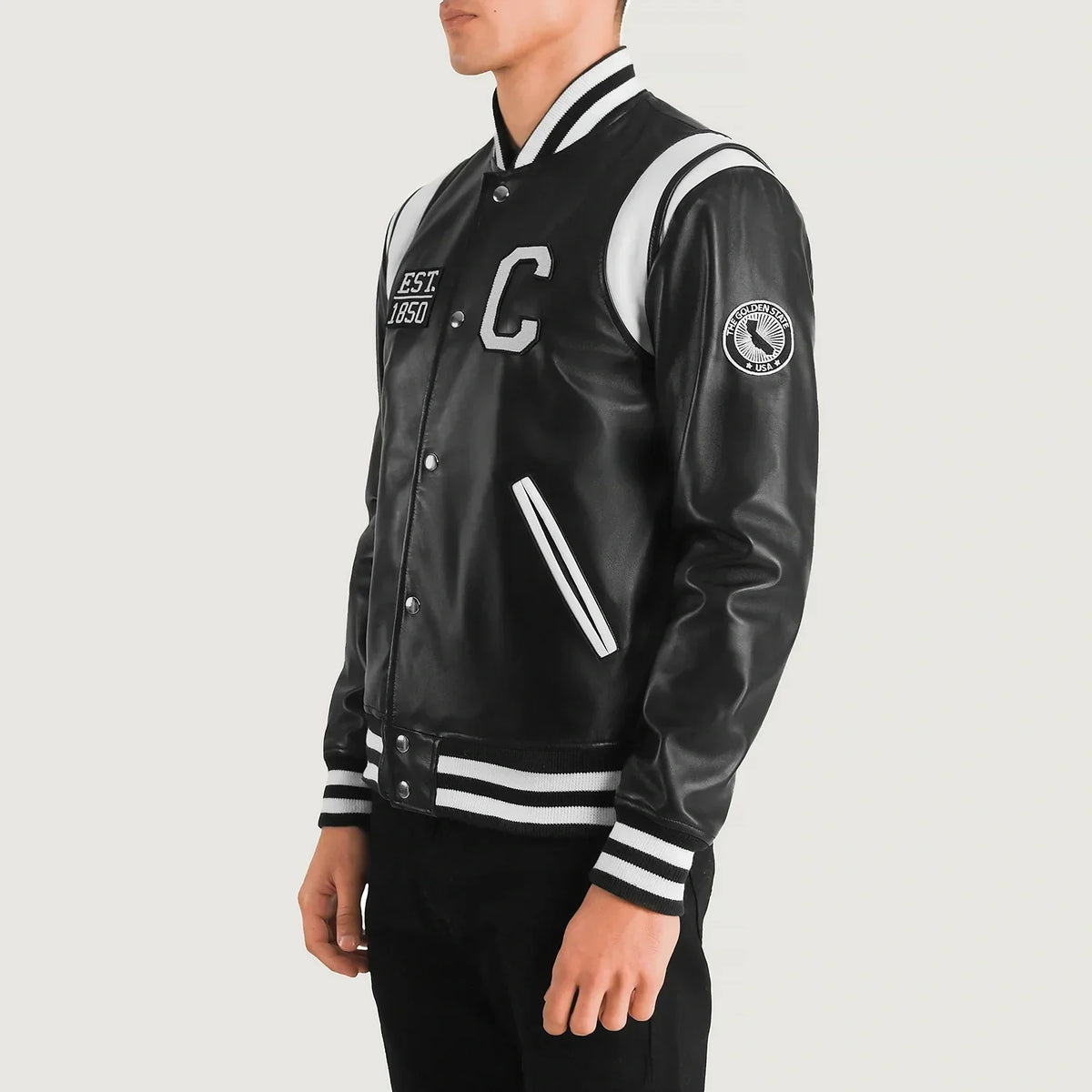 Liberte California Black Leather Varsity Jacket - men's jacket in black sheepskin leather, view 2