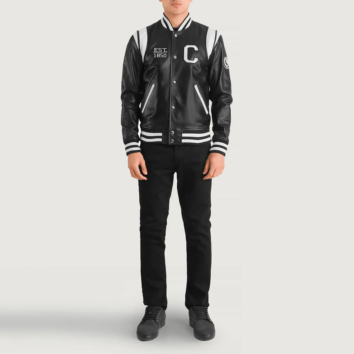 Liberte California Black Leather Varsity Jacket - men's jacket in black sheepskin leather, view 3