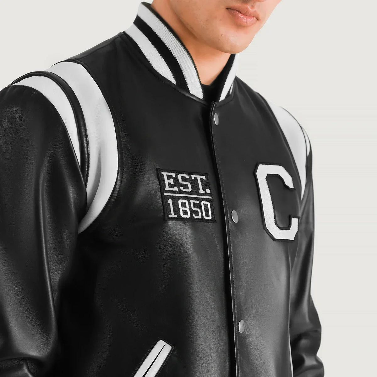 Liberte California Black Leather Varsity Jacket - men's jacket in black sheepskin leather, view 4