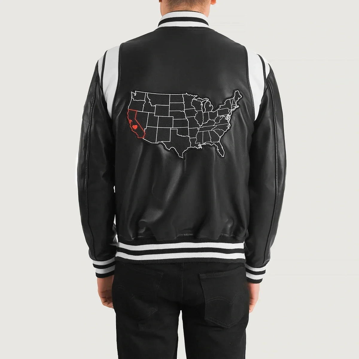 Liberte California Black Leather Varsity Jacket - men's jacket in black sheepskin leather, view 5