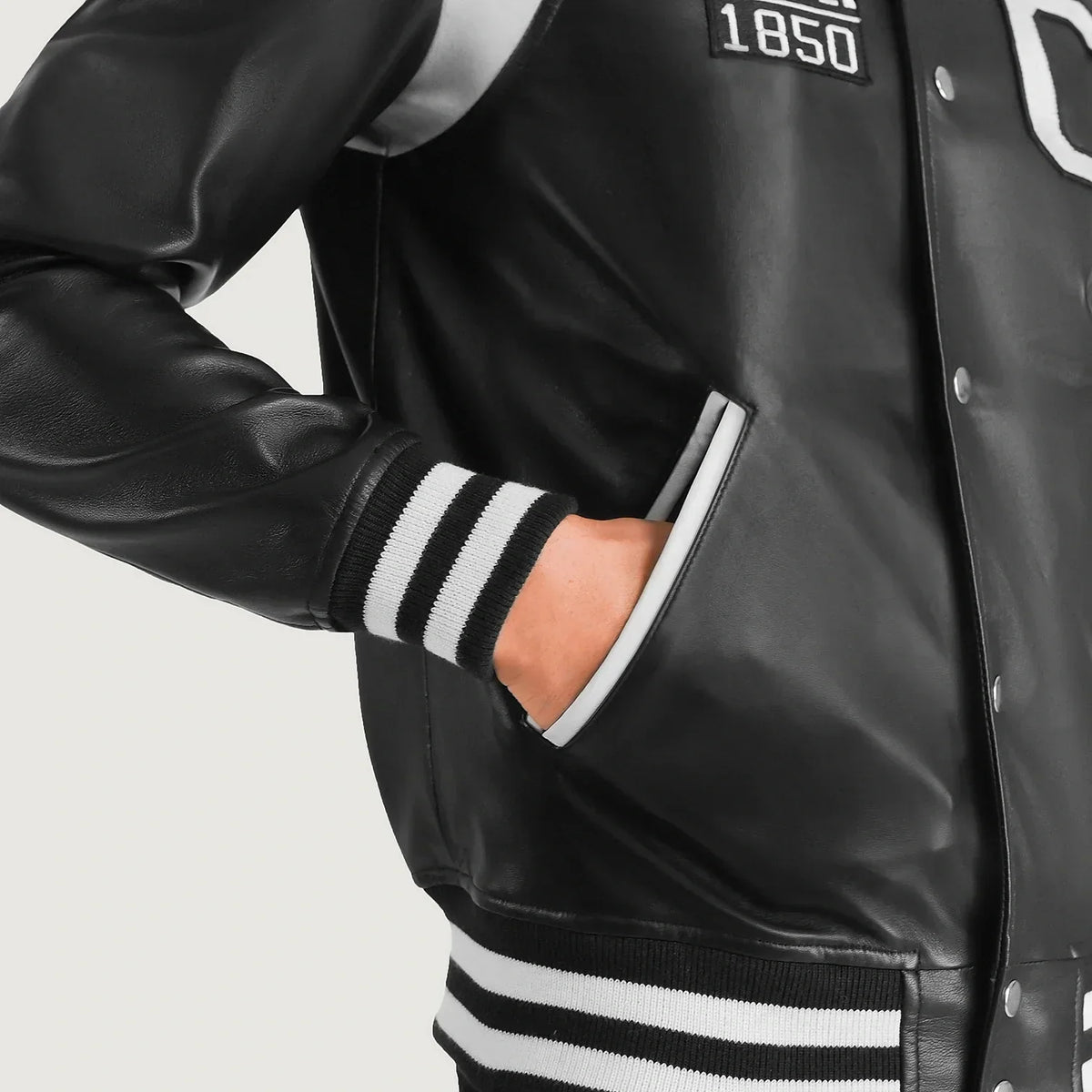 Liberte California Black Leather Varsity Jacket - men's jacket in black sheepskin leather, view 6