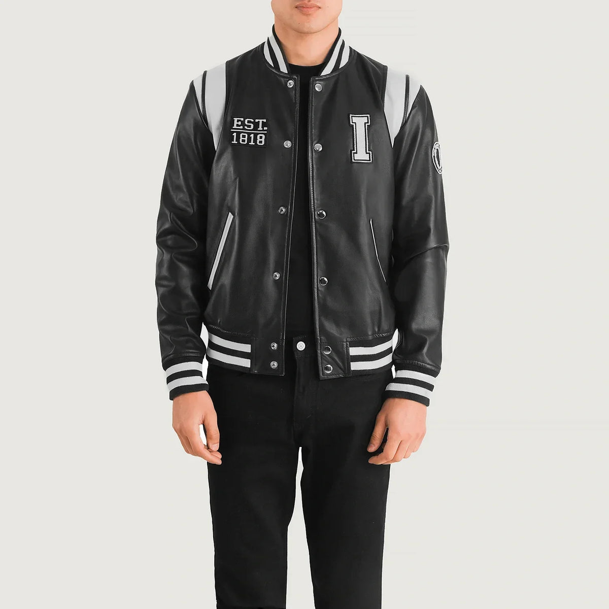 Liberte Illinois Black Leather Varsity Jacket - men's jacket in black sheepskin leather, view 1