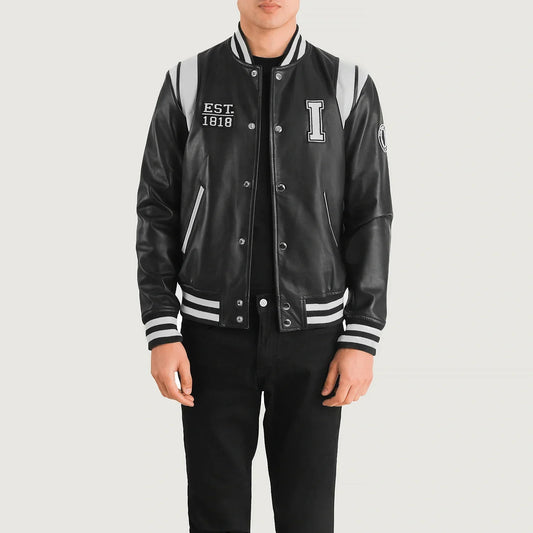 Liberte Illinois Black Leather Varsity Jacket - men's jacket in black sheepskin leather, view 1