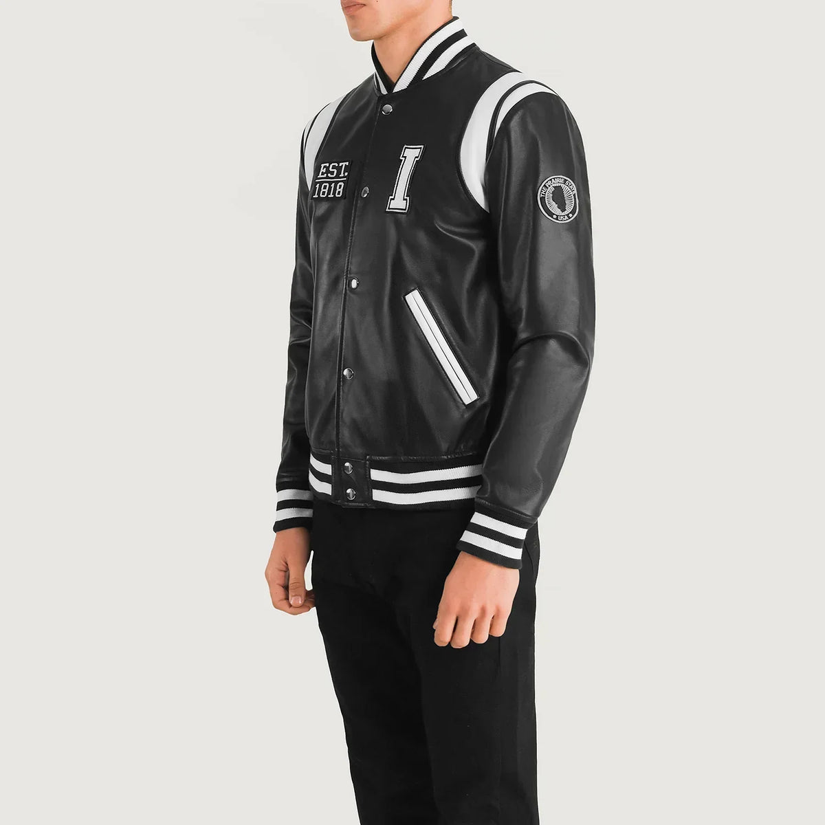 Liberte Illinois Black Leather Varsity Jacket - men's jacket in black sheepskin leather, view 2