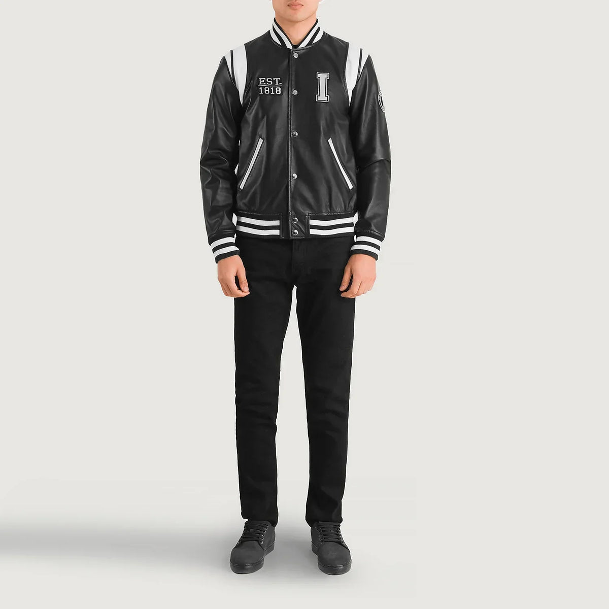 Liberte Illinois Black Leather Varsity Jacket - men's jacket in black sheepskin leather, view 3