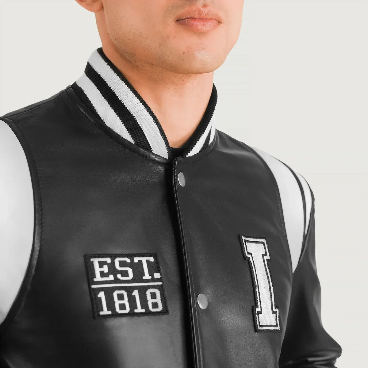 Liberte Illinois Black Leather Varsity Jacket - men's jacket in black sheepskin leather, view 4
