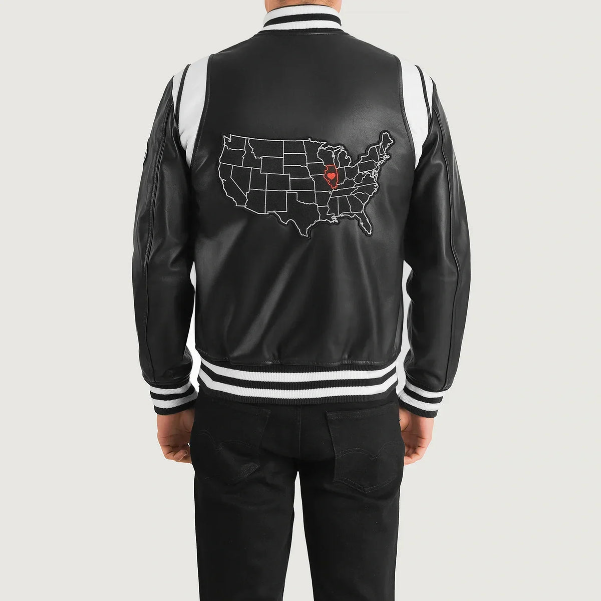 Liberte Illinois Black Leather Varsity Jacket - men's jacket in black sheepskin leather, view 5