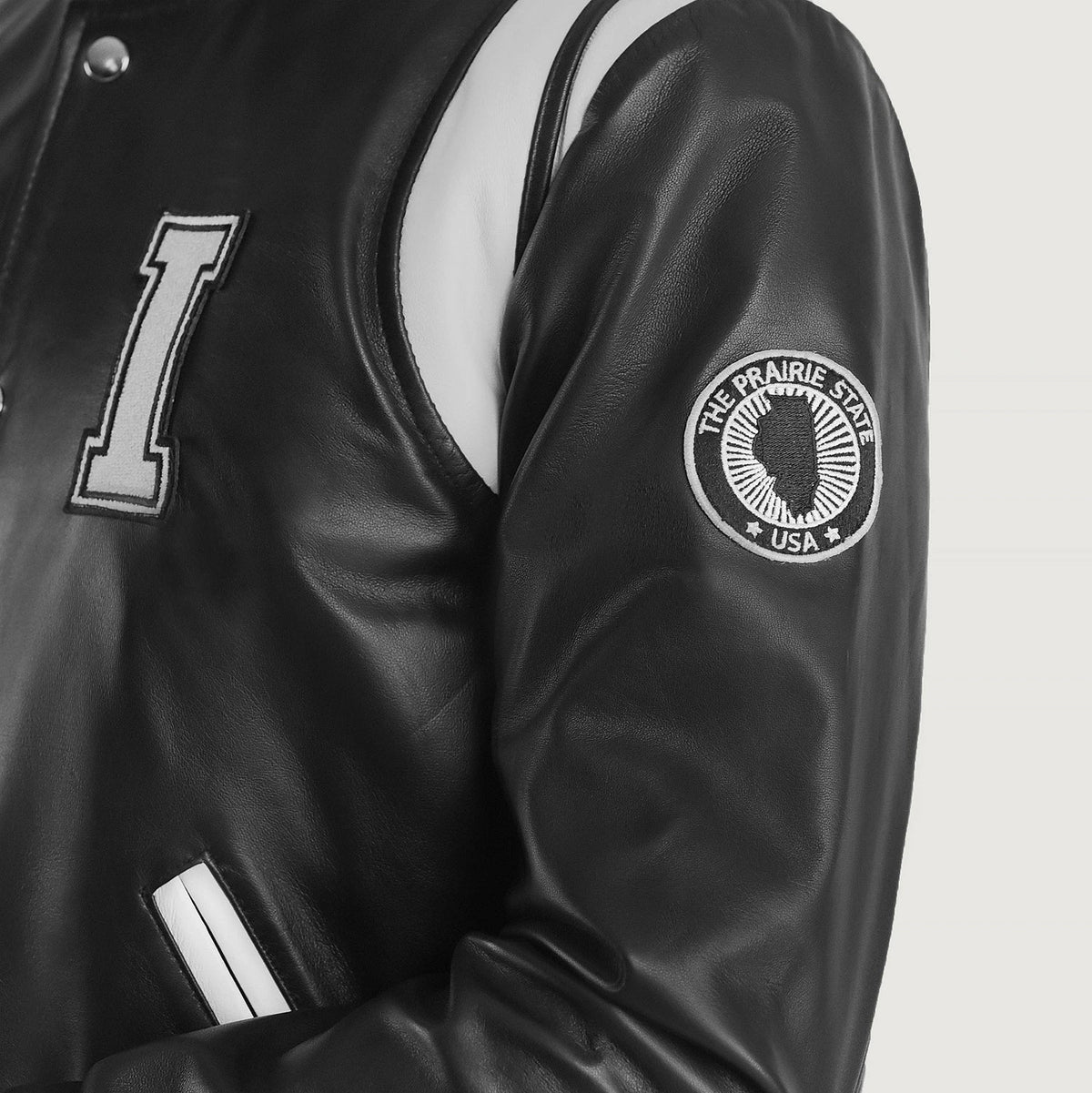 Liberte Illinois Black Leather Varsity Jacket - men's jacket in black sheepskin leather, view 6